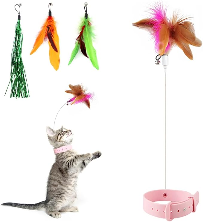 Cat Feather Collar Toy, Interactive Cat Toys for Indoor Cats Self Play Funny Teaser Wand Neck 3-in-1 Cat Collar Toy Feathers with Bell & 3 Refills Hands Free for Cats Play Pink