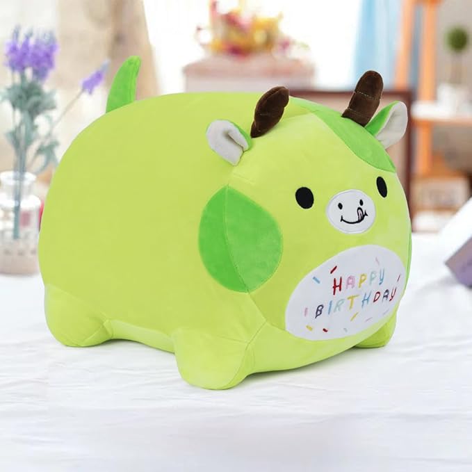 Birthday Cow Plush Pillow Stuffed Animal Toy, Green Birthday Cartton Cow Plush Stuffed Animals, Soft Animal Plush Pillow for Kids(Cow, 25cm/9.8inch)