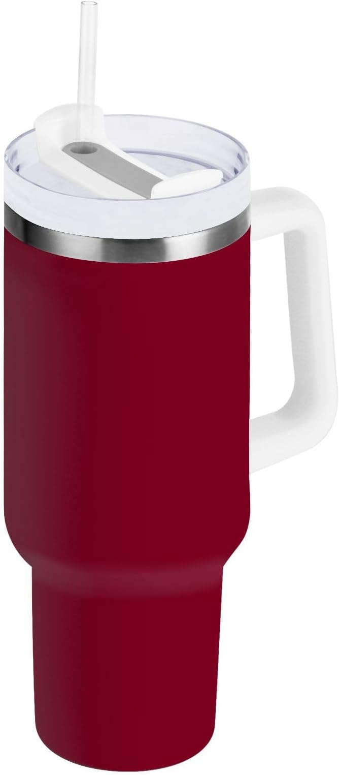Boccsty Burgundy Solid Color Insulated Tumblers Reusable Stainless Steel Tumbler 30 oz Cup Coffee Travel Mug Water Bottle with Handle & Flip Straw for Home Office Car
