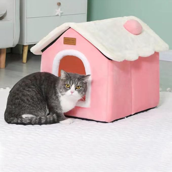 Christmas Cat Bed for Indoor Cats Plaid Christmas Cat Tent Cat Bed Cave for Pets Cats and Dogs (Pink- L (20.5 X 17 X 19.7 Inch))