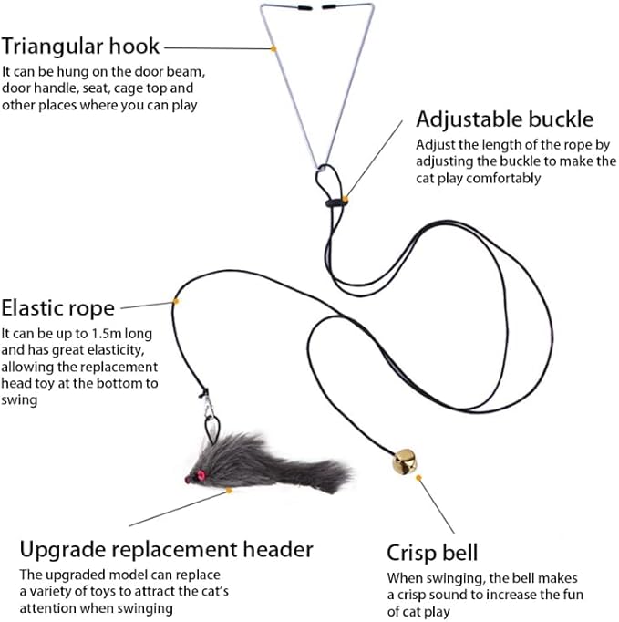 Hanging Interactive Cat Toy with 6 Piece Replaceable Toys Bouncing Mouse Catnip Feathers Fun for Kitten Self Play Adjustable Elastic Rope