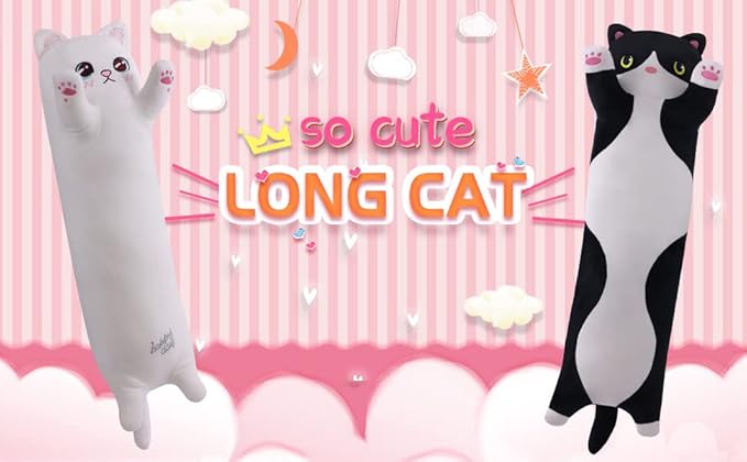 Soft Plush Cat Body Pillow, Long Stuffed Animal Toy Kitten Throw Pillow Gift for Kids, Girlfriend (110CM, Black)