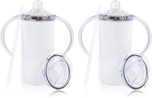2 Pack Sublimation Blank Sippy Cup Tumblers with Handles Straight Stainless Steel Insulated Skinny Tumblers with Splash-proof Lid 12 oz Shatterproof Water Tumbler
