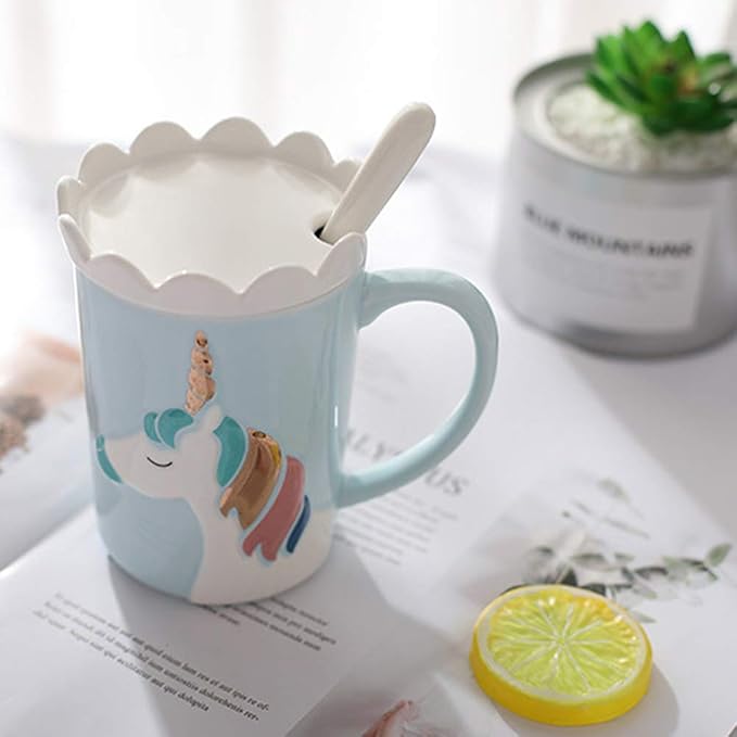 BigNoseDeer Unicorn Mug Cute Ceramic Coffee Mug with Lid Spoon,Cute Mugs for Coffee Tea Milk Unicorn Gifts for Girls Cute Gifts for Women (Blue 13oz)