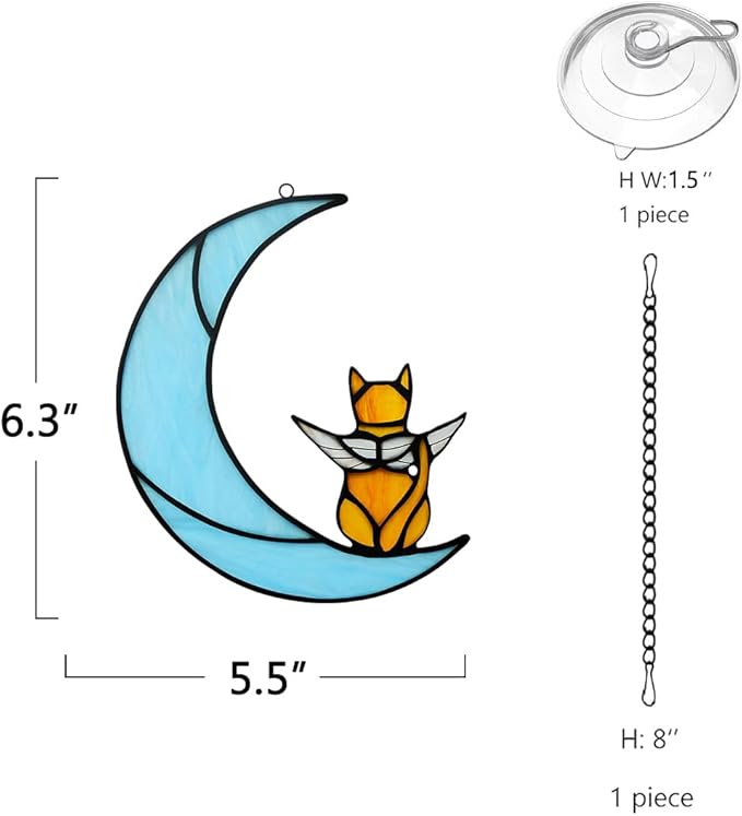 BOXCASA Angel Cat on Moon Memorial Gifts,Orange Cat Stained Glass Window Hangings,Rainbow Bridge Pet Memorial Gifts for Women,Loss of Pet Sympathy Gift for Women Mom