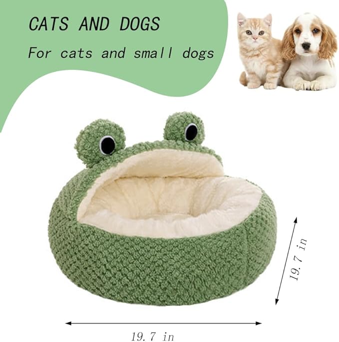 Cute Frog Hooded Cat Bed with Non-Slip Bottom, Covered Round Fluffy Frogs Cave Green, Semi-Closed Pet Mat for Cats and Small Dogs