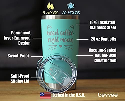 Bevvee Need Coffee Right Meow - Insulated Coffee Tumbler Cup with Sliding Lid - Stainless Steel Insulated Mug - Cat Themed Coffee Gifts - Teal