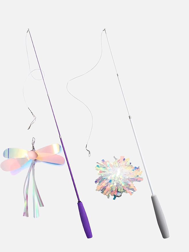 QWINEE 2Pc Dragonfly Cat Teaser Wand Toys Interactive Cat Toy for Indoor Cats Kitty Kitten Multicolor B one-size