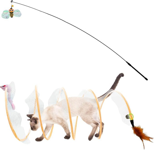 Andiker S-Shape Cat Tunnel Toy Set, Folded Cat Tunnel Spring Toys with a Wand & 5Replacement Heads Cat Spring Toy Metal&Mesh Cat Spiral Tunnel Toy for Indoor Cats to Kill Time& Do More Exercise (3)