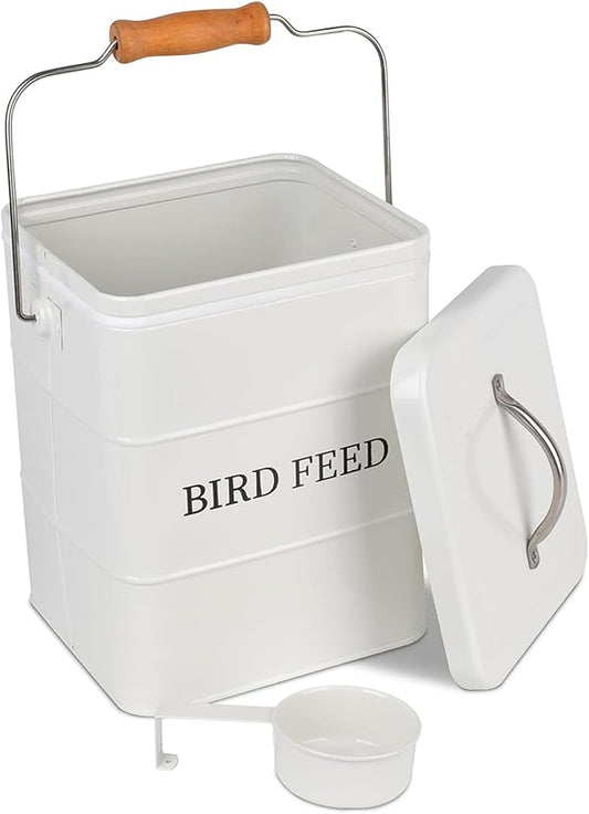 DEAYOU Metal Bird Seed Container with Scoop, Treats Storage Bin, Coated Carbon Steel, Tight Fitting Lid, White