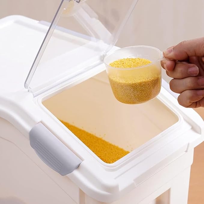 RUIAN Dog Food Storage Container with Scoop,Rice Flour Container on Wheels,Airtight Cat Birds Food Bin Grey & Pink