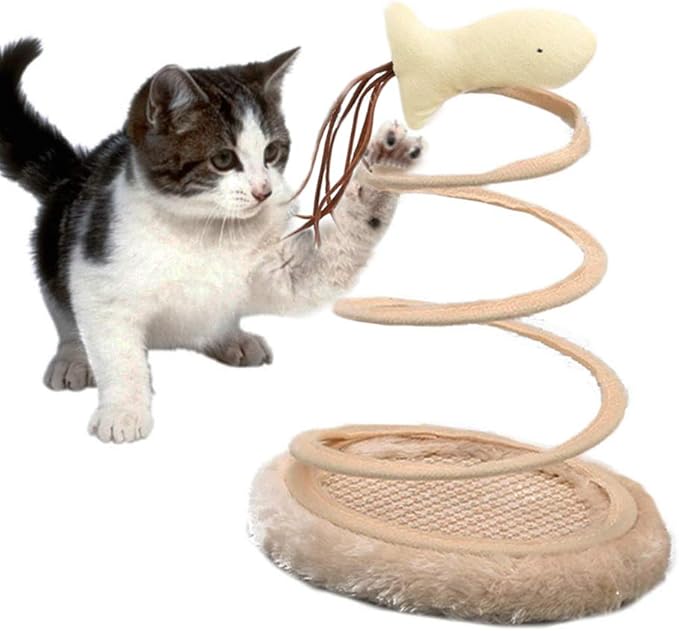 Andiker Interactive Cat Toy, Cat Plush Toy with Spiral Spring Plate and Funny Ball or Mouse Interactive Stainless Steel Spring Rotating Cat Creative Toy to Kill time and Keep Fit (Fish)