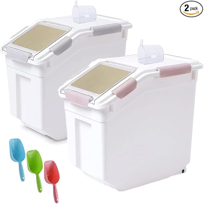 RUIAN Dog Food Storage Container with Scoop,Rice Flour Container on Wheels,Airtight Cat Birds Food Bin Grey & Pink