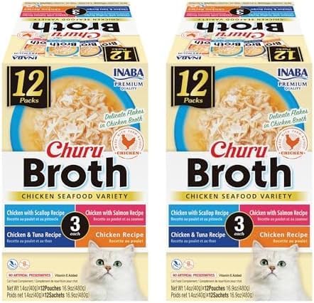 INABA Churu Broth for Cats, Creamy Broth with Shredded Chicken Side Dish Pouch, 1.4 Ounces per Pouch, 12 Pouches, Chicken & Seafood Variety (Pack of 2)