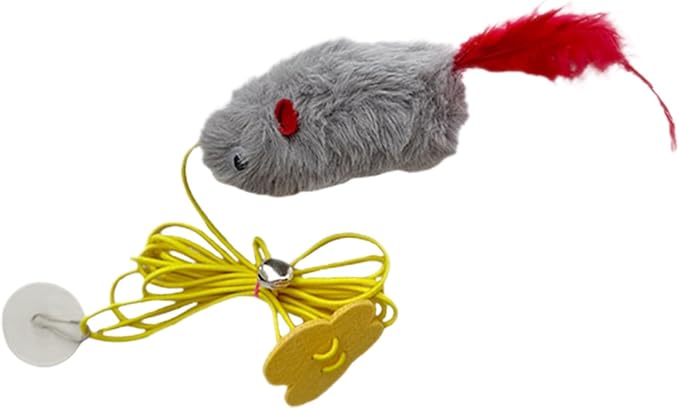 Gray Interactive Cat Toy, Hanging Self-Play Little Mouse Shaped Toys Cat Toy, Built-in Sound, Relieve Boredom, Hanging Squeak Mouse Stretchy Feather Plush Cat Toy with Adhesive Hooks