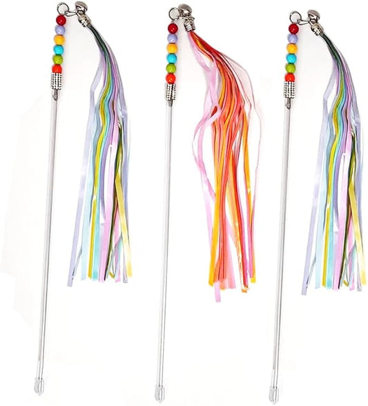 Cat Wands, 3 PCS Interactive Cat Toys with Rainbow Tassel and Bell Handcrafted Cat Tinsel Wand for Indoor Cats Kitten Play Chase Exercise