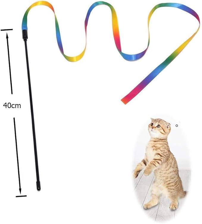 KABASI Cat Wand Rainbow Toy, 3 Styles Funny Interactive Cat Toys, Cuddly Stuffed Snake Cat Toy on Stick with Bell, Colorful Sounding Toys, Rainbow Ribbon Wand for Kittens Training