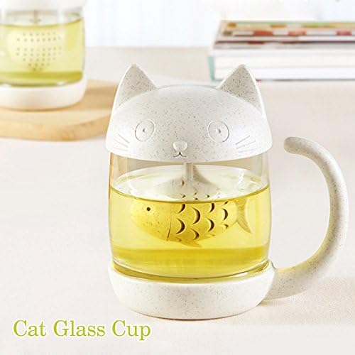 BigNoseDeer Cat Tea Cup Cute Mug Glass Pot with Fish Infuser for Loose Leaf Tea (White 8oz)