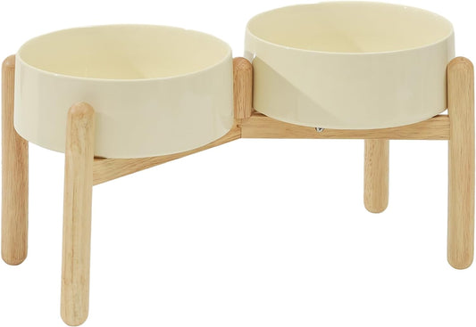 Ceramic 8.2inch Raised Dog Bowl with Stand for Large- Breed Dogs, Pet Food and Water Feeder (Double Bowl with Stand - Beige)