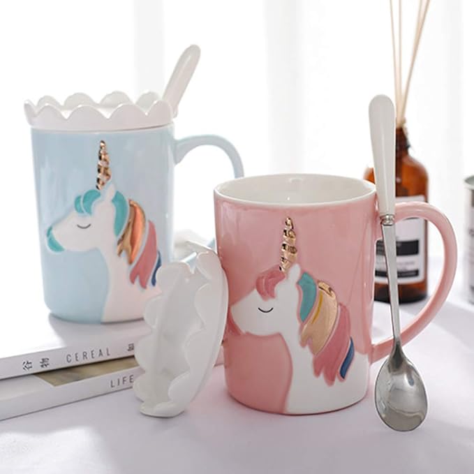BigNoseDeer Unicorn Mug Cute Ceramic Coffee Mug with Lid Spoon,Cute Mugs for Coffee Tea Milk Unicorn Gifts for Girls Cute Gifts for Women (Blue 13oz)