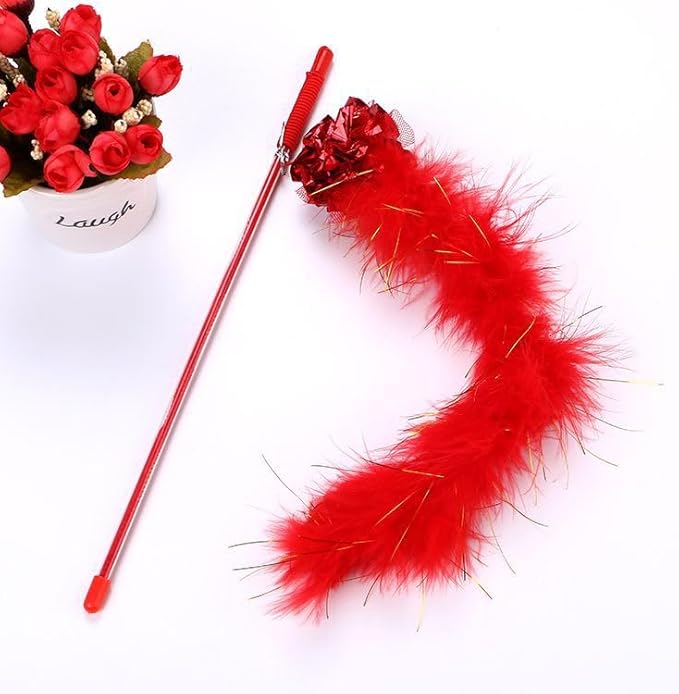 Red Cat Teasing Stick Toy Interactive Stick, Sparkly Feather Boa with Crinkle Ball Tease Cat Rod Funny Cute Pet Supplies for Cat Training Indoor Cats Cat Toys Interactive for Indoor Cats