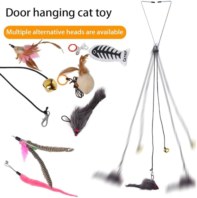 Hanging Interactive Cat Toy with 6 Piece Replaceable Toys Bouncing Mouse Catnip Feathers Fun for Kitten Self Play Adjustable Elastic Rope