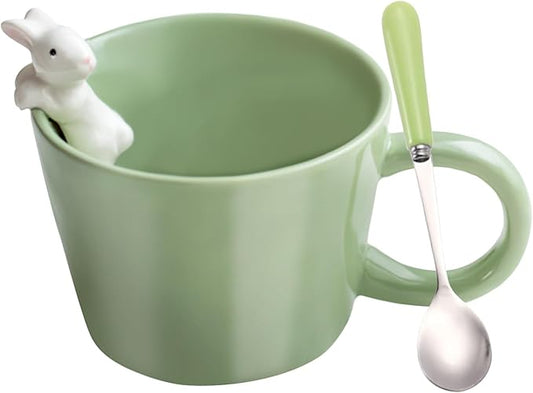 BigNoseDeer Cute Easter Bunny Mugs with 3D Rabbit Inside Kawaii Ceramic Rabbit Coffee Mug with Spoon Cute Gifts Easter Gifts Gag Gifts for Women White Elephant Gifts for Adults 12oz (Green)