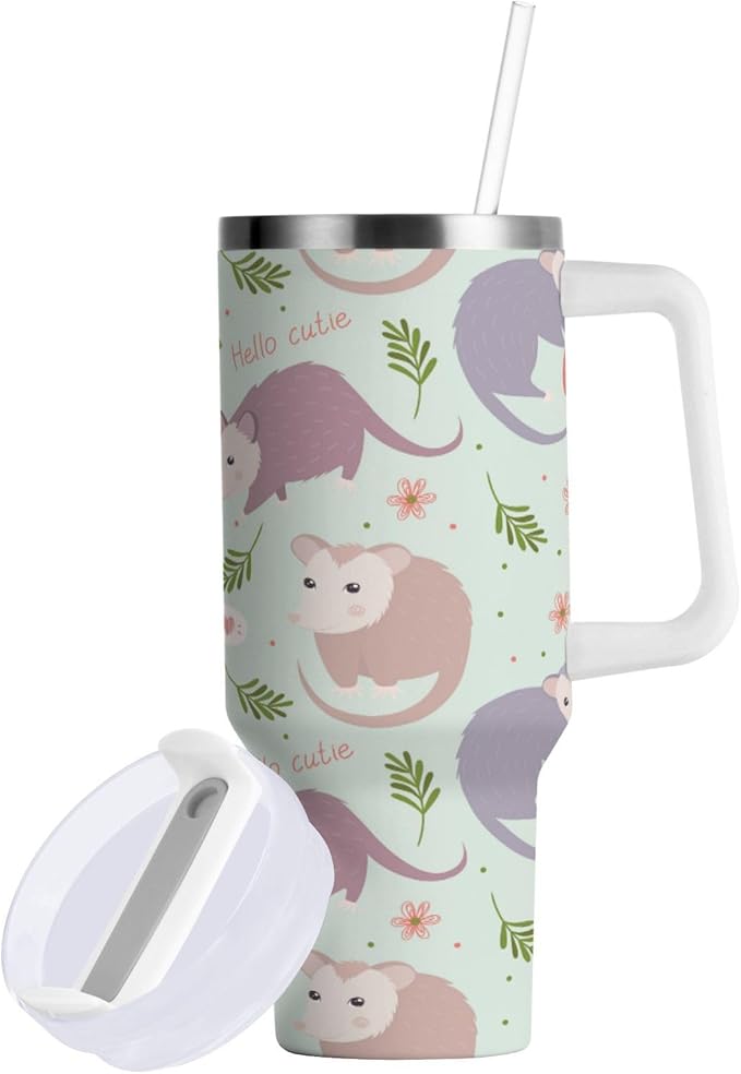 Boccsty Possums Cute Animal Insulated Tumblers Reusable Stainless Steel Tumbler 40 oz Cup Coffee Travel Mug Water Bottle with Handle & Flip Straw for Home Office Car