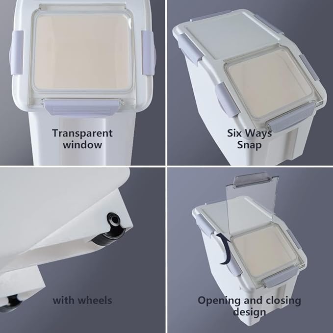 RUIAN Dog Food Storage Container with Scoop,Rice Flour Container on Wheels,Airtight Cat Birds Food Bin Grey & Pink