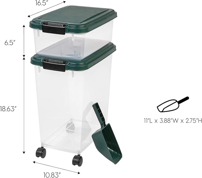 Remington 2 Piece Clear Plastic Food Storage Container | 30 lbs, 11 lbs | Airtight, Stackable, Wheels | Food Storage, Treat Box | 2-Cup Scoop