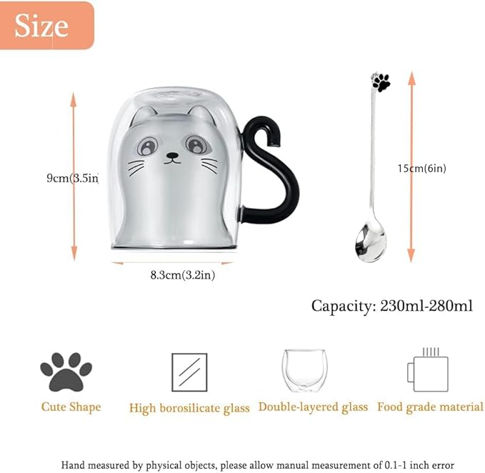 Black Cat Mug Cute Mug with Handle Double Walled Coffee Mugs Kawaii Cat Presents for Women Glass Mugs Tea Cup Cute Birthday Gifts for Cat Lovers Ideas Halloween Christmas