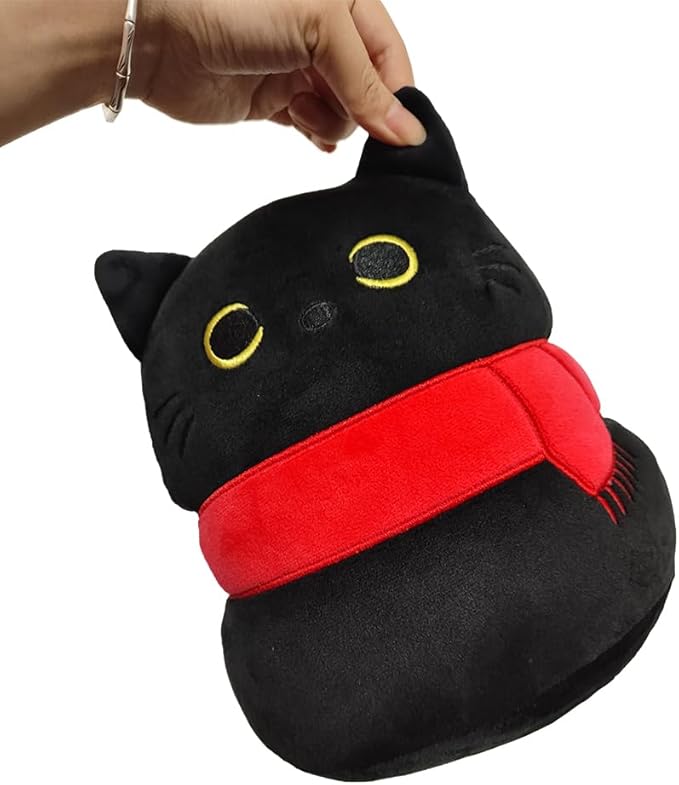 Black Cat with Scarf Stuffed Animal Plush Toy Creative Cat Shape Soft Pillow Toys Gifts Cute Dolls for Girlfriend Kids Baby Girls, 22cm/8.6in