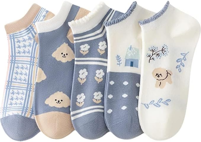 5/10 Pairs Combed Cotton Socks for Women with Cute Animals/Flowers Patterned Ankle Socks