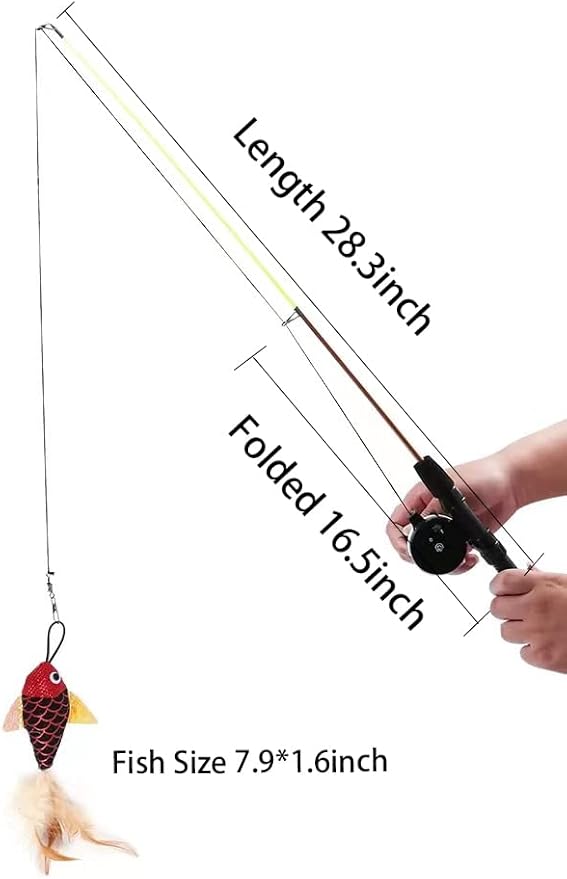 Cat Fishing Pole Toy, Interactive Cat Teaser Wand, Retractable Fishing Pole Cat Toy with Reel, Cat Pole for Indoor Cats, Cat Fishing Rod Catcher for Kitty Kitten Cat Feather Toy Mouse