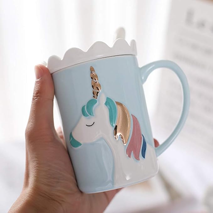 BigNoseDeer Unicorn Mug Cute Ceramic Coffee Mug with Lid Spoon,Cute Mugs for Coffee Tea Milk Unicorn Gifts for Girls Cute Gifts for Women (Blue 13oz)