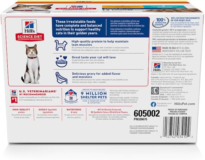Hill's Science Diet Adult 7+, Senior Adult 7+ Premium Nutrition, Wet Cat Food, Variety Case: Chicken; Tuna Stew, 2.8 oz Pouch Variety Case, Case of 12