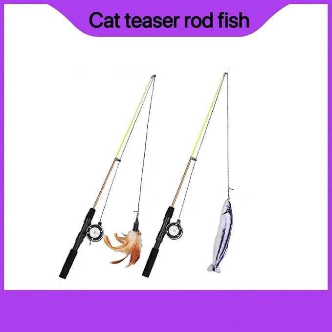 Cat Fishing Pole Toy, Interactive Cat Teaser Wand, Retractable Fishing Pole Cat Toy with Reel, Cat Pole for Indoor Cats, Cat Fishing Rod Catcher for Kitty Kitten Cat Feather Toy Mouse