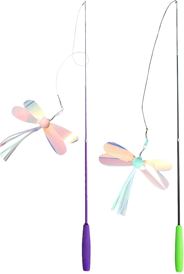 QWINEE 2Pc Dragonfly Cat Teaser Wand Toys Interactive Cat Toy for Indoor Cats Kitty Kitten Multicolor A one-Size