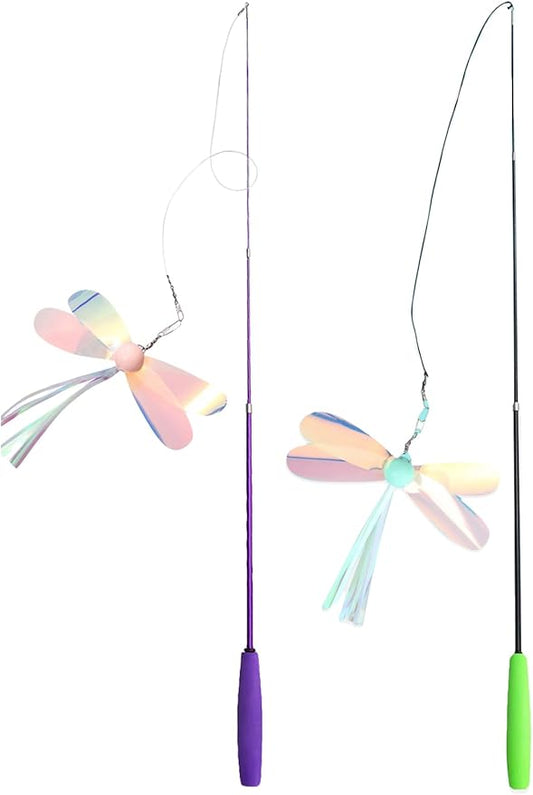 QWINEE 2Pc Dragonfly Cat Teaser Wand Toys Interactive Cat Toy for Indoor Cats Kitty Kitten Multicolor A one-Size
