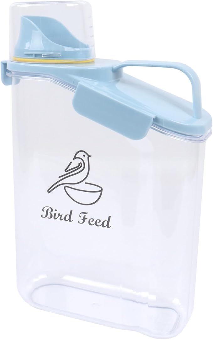 Bird Seed Storage Container,2.8L Airtight Bird Food Container with Handle and Measuring Cup,Portable Pet Food Container for Wild Bird Sunflower Seed-BPA Free Transparent/Blue
