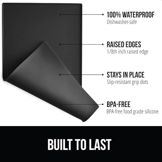 GORILLA GRIP 100% Waterproof Raised Edge BPA Free Silicone Pet Feeding Mat, Dog Cat Food Mats Contain Spills Protects Floors, Placemats for Cats and Dogs Water Bowl, Pets Accessories 18.5x11.5 Black