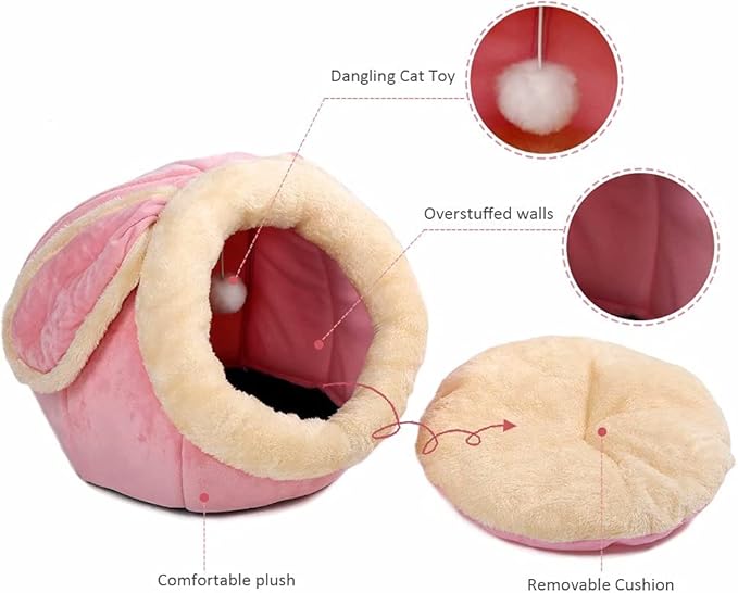 Cat Beds for Indoor Cats - Small Dog Bed with Anti-Slip Bottom, Rabbit-Shaped Cat/Small Dog Cave with Hanging Toy, Puppy Bed with Removable Cotton Pad, Super Soft Calming Pet Sofa Bed (Pink Large)