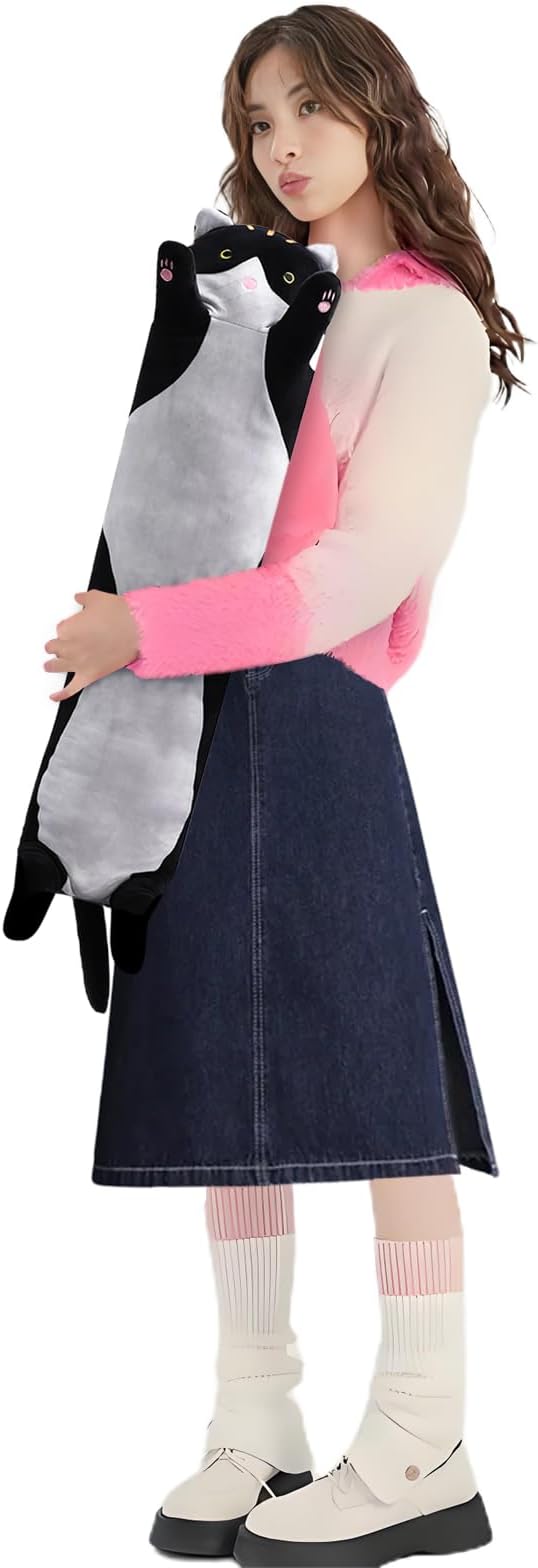 shangman Lovely Plush Cat Doll - Cute Cartoon Soft Stuffed Kitten Pillow, Long Throw Sleeping Pillow, Valentine’s Day Gift for Kids & Girlfriend (Black, 70cm/27.5in)