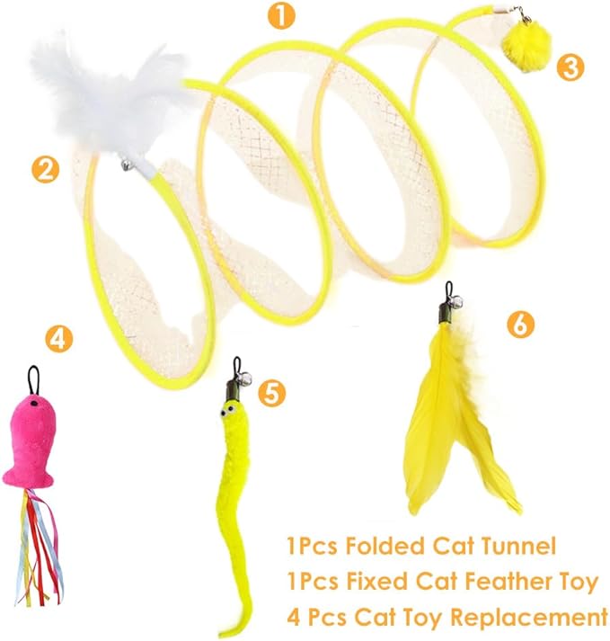 Cat Spiral Tunnel Toy Collapsible, Self Play Toy for Indoor Cats, S Type Tunnel with Feather Toys, Interactive Cat Springs Toys, Puppy, Kitty, Kitten, Rabbit (Yellow)