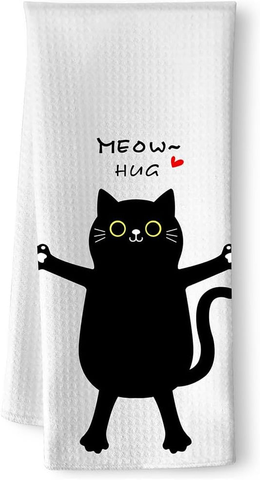 Single Decorative Kitchen Towel with Adorable Hugging Kitty and 'Meow, Hug' Text-Quick-Drying Cute Hand Towel for Cooking,Stylish Bathroom Decor-Whimsical Cat Mom Gifts,Crazy Cat Lady Accessories
