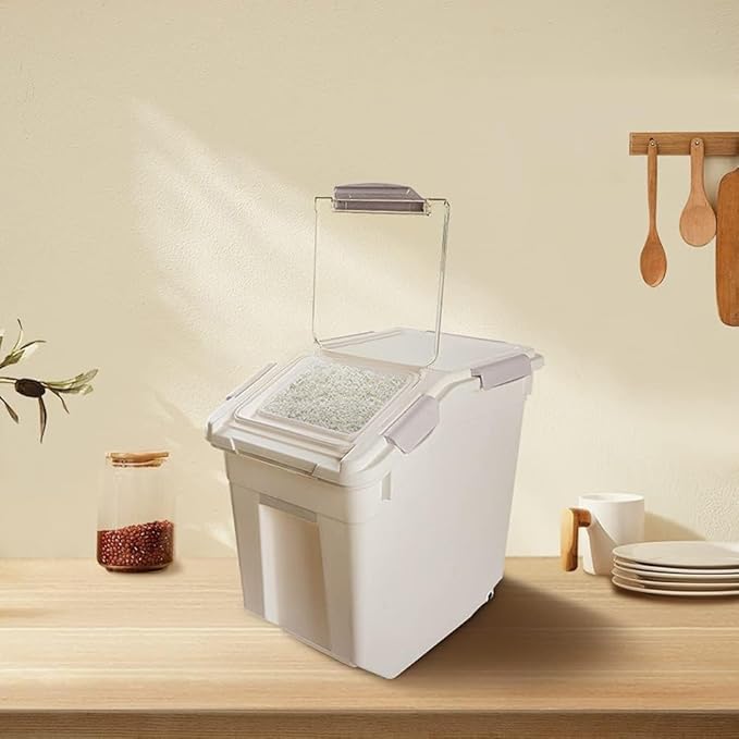 RUIAN Dog Food Storage Container with Scoop,Rice Flour Container on Wheels,Airtight Cat Birds Food Bin Grey & Pink