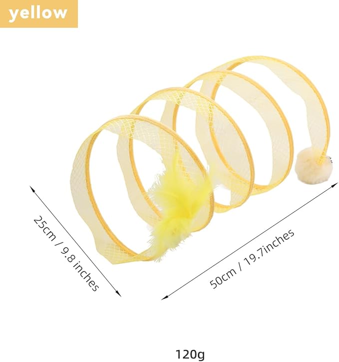 Folded Cat Tunnel, Cat Tunnel for Indoor Cats, Collapsible Cat Tunnel with Feather and Bell, Folded Cat Tubes, Cat Spring Toys for Rabbits and Cats, Portable Pet Toy (Yellow)