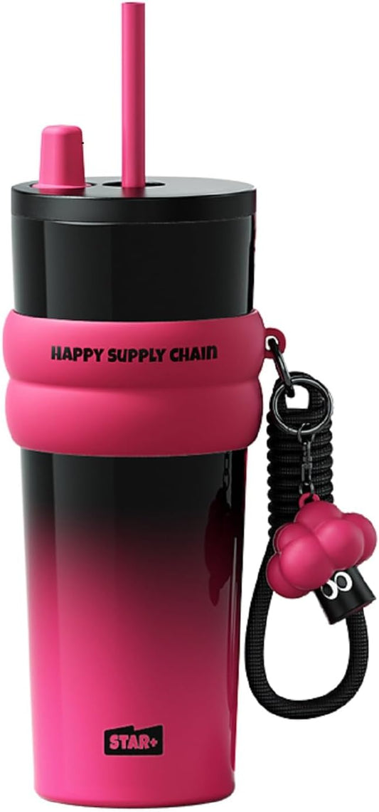 24 OZ Insulated Leak Proof Tumbler with Lid and Straw, Stainless Steel Coffee Travel Mug for Hot and Cold, Reusable Portable Water Bottle, Metal Thermal Cup Gift for Women, Black and Pink