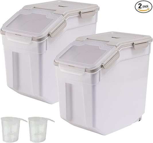 AnRui 2Pcs Airtight Flour Storage Containers 45LB, Large Rice Storage Container, Plastic Cereal Grain Dispenser Organizer Pet Dog Cat Food Storage Bin with Lid, with Measuring Cup, Scoop, Gray