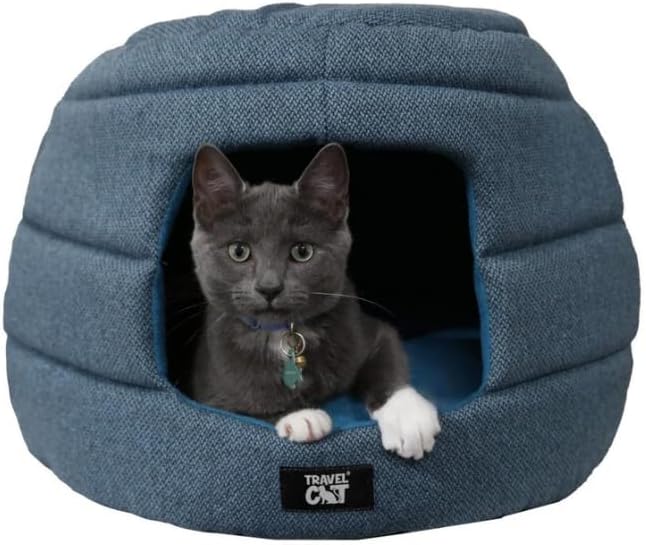 Travel Cat Meowbile Indoor Cat House - 25x18x17 inches Premium Convertible and Durable Hideaway Cat Bed and Cave (Blue, Medium)